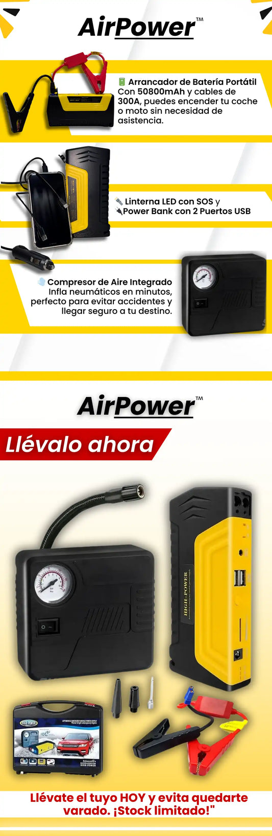 KIT 2 en 1 arrancador de batería portátil + compresor de aire
